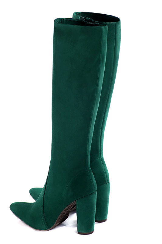 Forest green women's feminine knee-high boots. Tapered toe. Very high block heels. Made to measure. Rear view - Florence KOOIJMAN